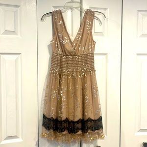 Party mini dress special occasion Pinky brand V cut small gold black Like New